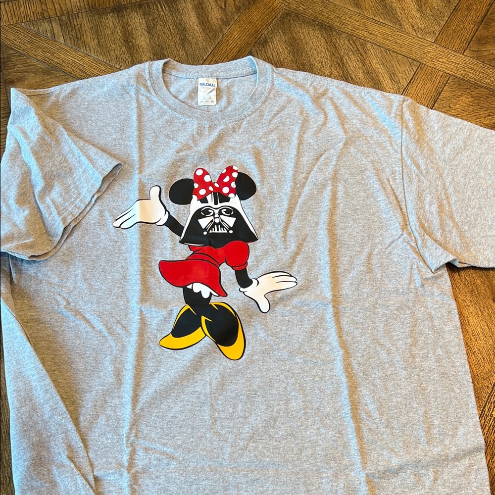 Gildan Gray Tee with Minnie mouse with a Darth Vader masks